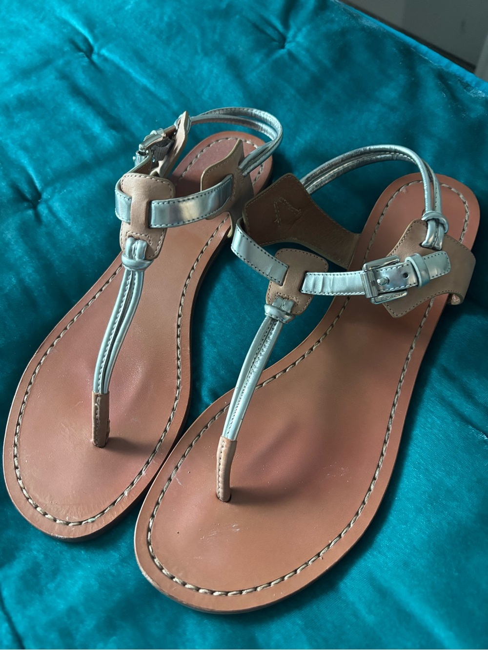 Coach Metallic Silver and Tan Leather T-Strap Sandals